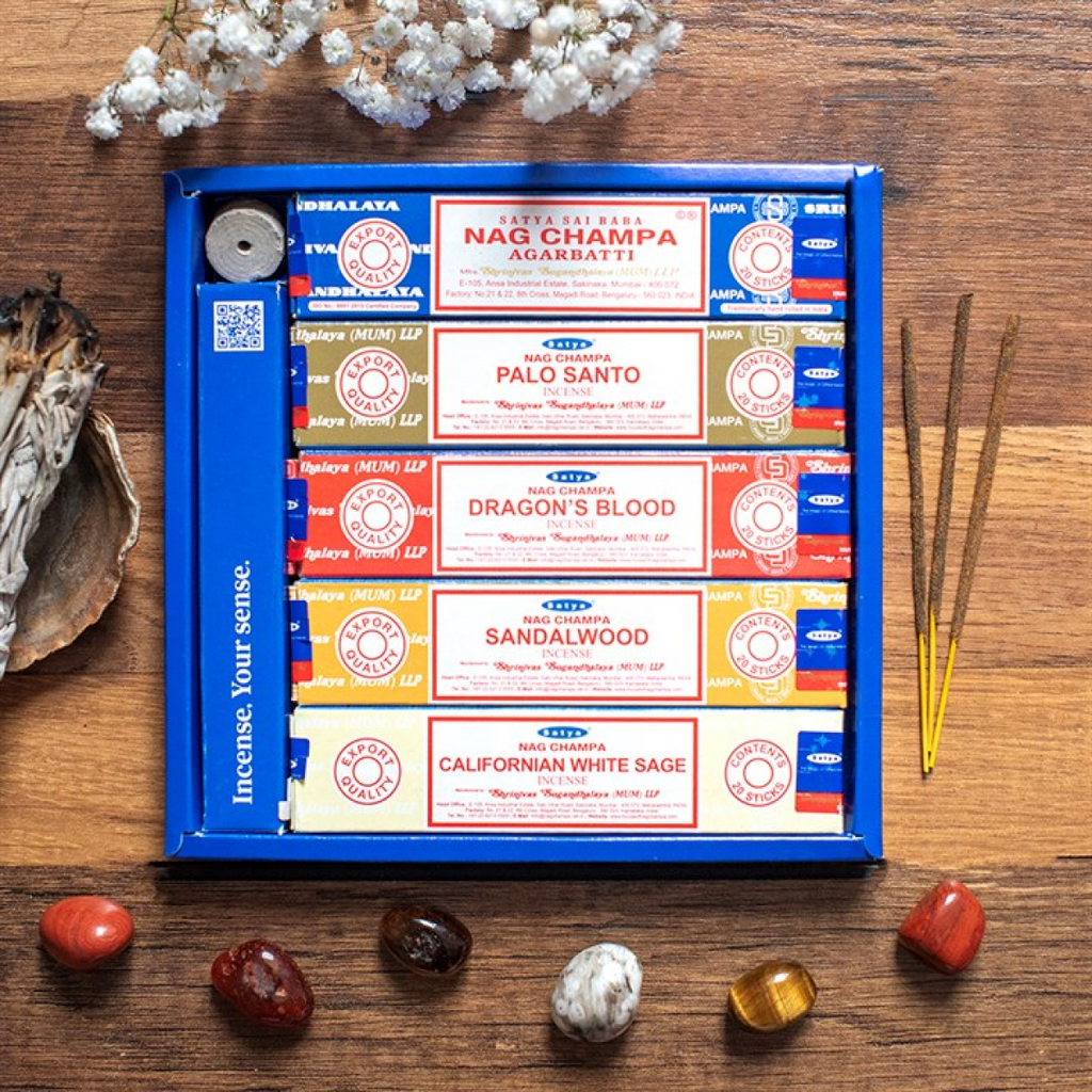 Gift Set of 5 Mini Satya Incense Packs with Holder