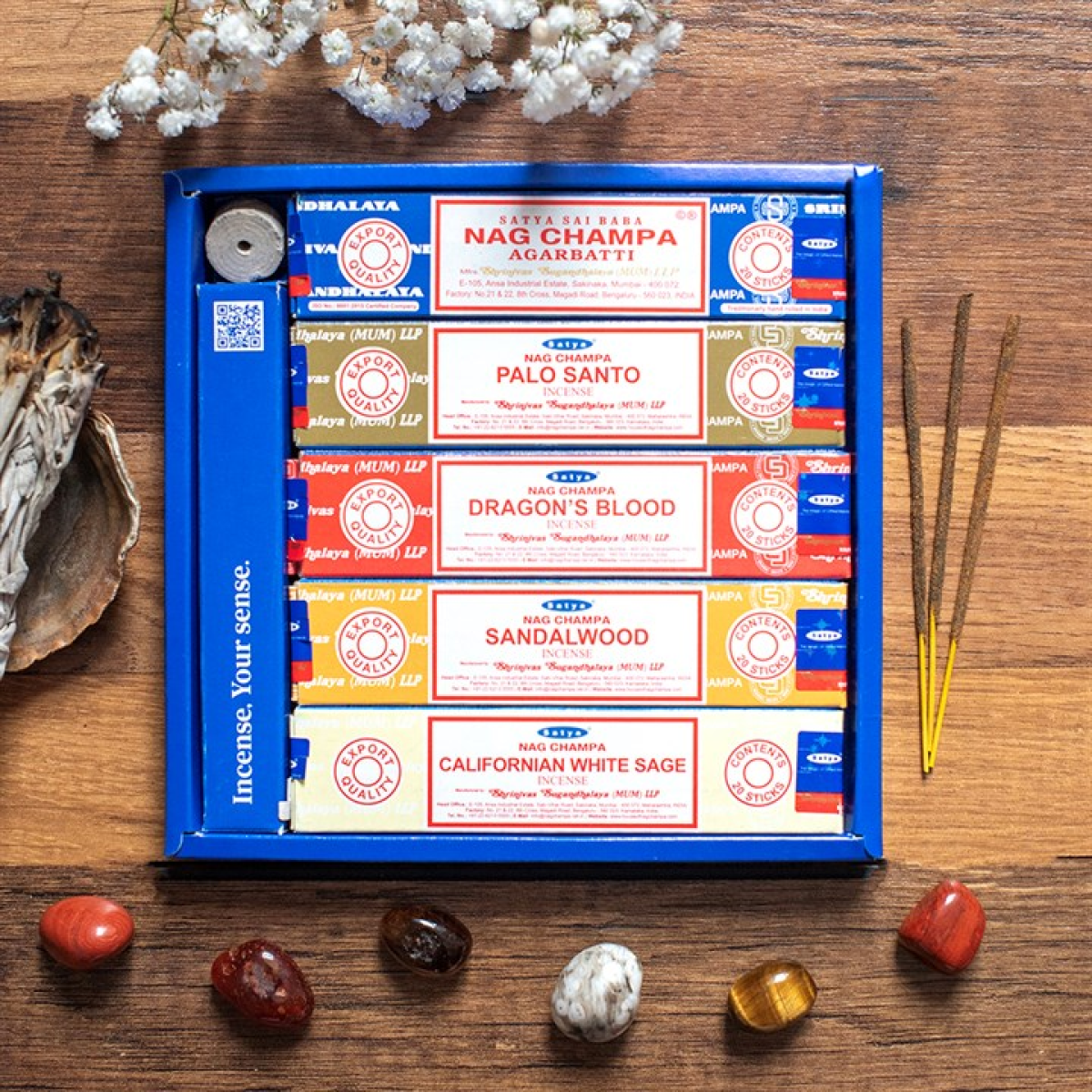 Gift Set of 5 Mini Satya Incense Packs with Holder